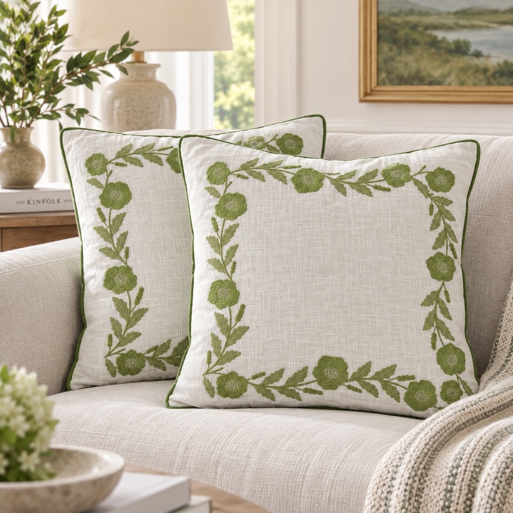 Lillian August Home Green Floral Embroidered Cotton Pillow Covers Set of 2 20x20
